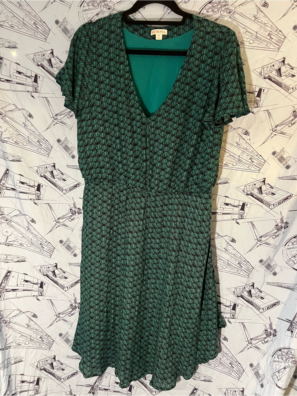 Merona Teal Green V-Neck Short Sleeve Patterned Dress